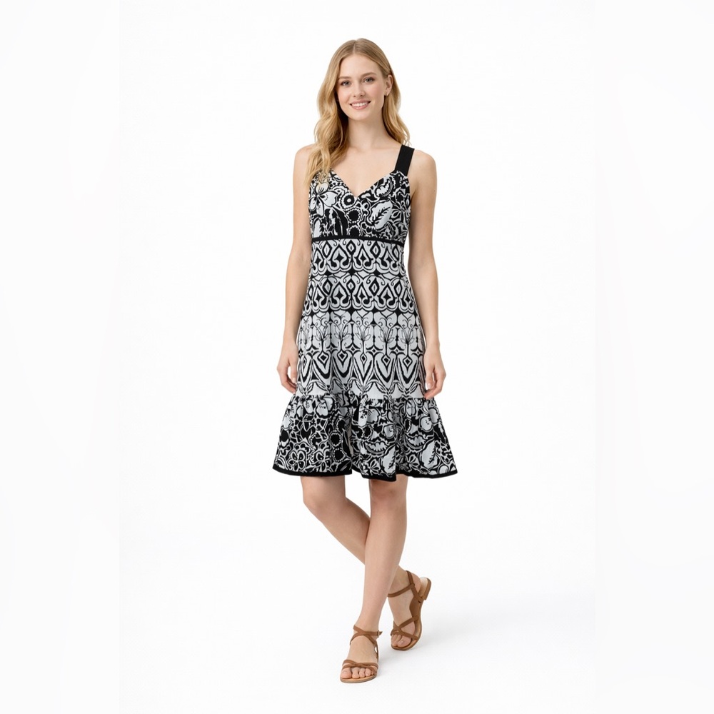 Ann Taylor Black White Geometric Floral Flared Flounce Hem Sheath Dress Sz 8